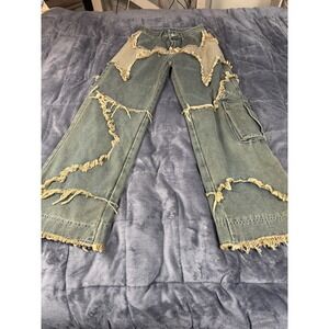Romwe XS Distressed Fringe Jeans Blue Denim‎ Cargo Pockets Grungecore